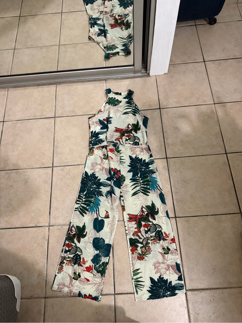 SHEIN Cream Floral Halter Jumpsuit with Green and Red Tropical Print